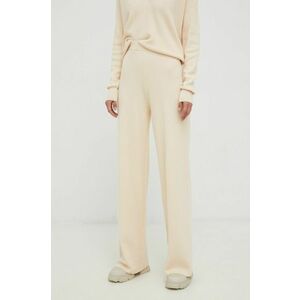 Nohavice s prímesou vlny Calvin Klein dámske, béžová farba, rovné, vysoký pás vyobraziť