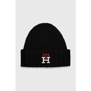 Vlnená čiapka Tommy Hilfiger čierna farba, z tenkej pleteniny, vlnená vyobraziť