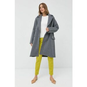 Vlnený kabát Emporio Armani šedá farba, prechodný, dvojradový vyobraziť