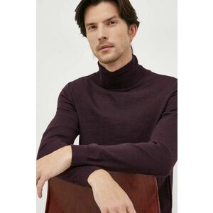 Vlnený sveter BOSS pánsky, bordová farba, tenký, s rolákom vyobraziť