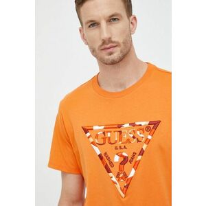 Bavlnené tričko Guess oranžová farba, s nášivkou vyobraziť