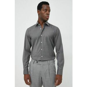 Vlnená košeľa BOSS pánska, šedá farba, slim, s klasickým golierom vyobraziť