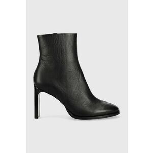 Kožené členkové topánky Calvin Klein Curved Stil Ankle Boot 80 dámske, čierna farba, na podpätku, vyobraziť