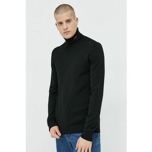 Vlnený sveter HUGO pánsky, čierna farba, tenký, s rolákom vyobraziť