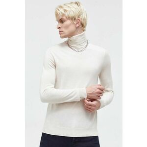 Vlnený sveter HUGO pánsky, béžová farba, tenký, s rolákom vyobraziť