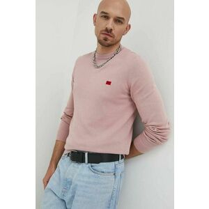 Bavlnený sveter HUGO pánsky, ružová farba, tenký, vyobraziť