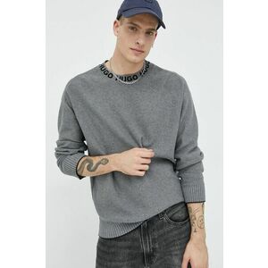 Bavlnený sveter HUGO pánsky, šedá farba, tenký, vyobraziť