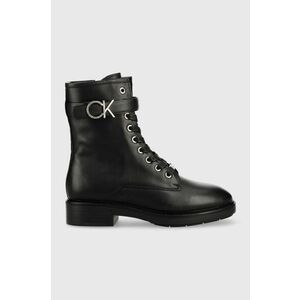 Kožené členkové topánky Calvin Klein Rubber Sole Combat Boot dámske, čierna farba, na plochom podpätku, vyobraziť