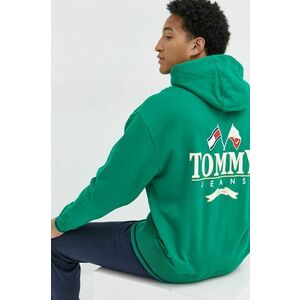Bavlnená mikina Tommy Jeans pánska, zelená farba, s kapucňou, s potlačou vyobraziť