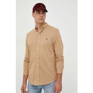 Bavlnená košeľa Polo Ralph Lauren pánska, béžová farba, regular, s golierom button-down vyobraziť