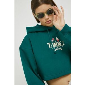 mikina Tommy Jeans dámska, zelená farba, s kapucňou, s nášivkou vyobraziť