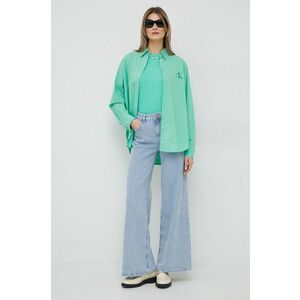 Bavlnená košeľa Calvin Klein Jeans dámska, tyrkysová farba, voľný strih, s klasickým golierom vyobraziť