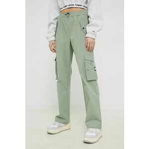 nohavice Tommy Jeans dámske, zelená farba, strih cargo, vysoký pás vyobraziť