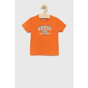 Detské bavlnené tričko Guess oranžová farba, s potlačou vyobraziť