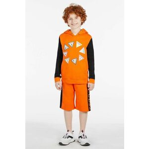 Detská bavlnená mikina Guess oranžová farba, s kapucňou, vzorovaná vyobraziť