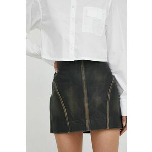 Kožená sukňa Remain hnedá farba, mini, rovný strih vyobraziť