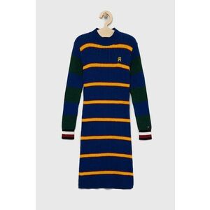 Dievčenské šaty s prímesou vlny Tommy Hilfiger tmavomodrá farba, midi, priliehavá vyobraziť