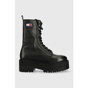 Kožené workery Tommy Jeans Tommy Jeans Flatform Padded Boot dámske, čierna farba, na platforme vyobraziť