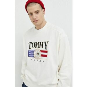 Bavlnená mikina Tommy Jeans pánska, béžová farba, s nášivkou vyobraziť