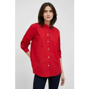 Bavlnená košeľa Tommy Hilfiger dámska, červená farba, voľný strih, s klasickým golierom vyobraziť