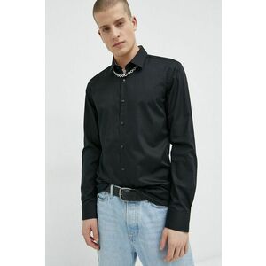 Bavlnená košeľa HUGO pánska, čierna farba, slim, s klasickým golierom vyobraziť