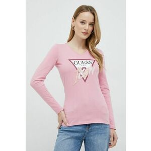 Bavlnené tričko s dlhým rukávom Guess ružová farba vyobraziť