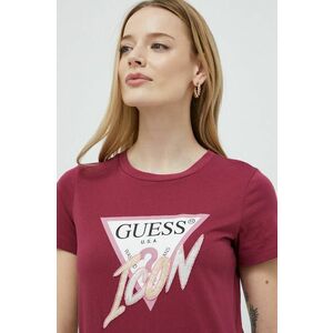 Bavlnené tričko Guess bordová farba vyobraziť