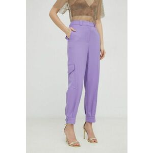 Vlnené nohavice BOSS dámske, fialová farba, rovné, vysoký pás vyobraziť