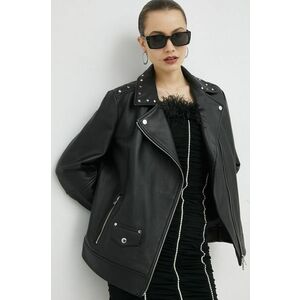 Riflová bunda BOSS dámska, čierna farba, prechodná, oversize vyobraziť
