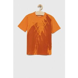 Detské bavlnené tričko Guess oranžová farba, s nášivkou vyobraziť