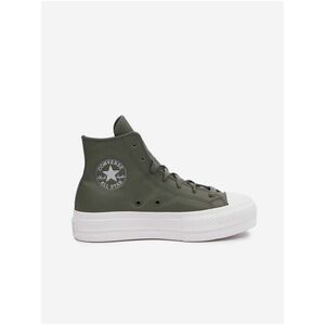 Kaki dámske kožené členkové tenisky na platforme Converse Chuck Taylor All Star Lift vyobraziť